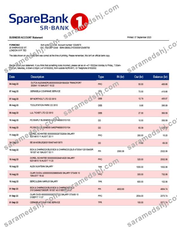 Sparebank 1 Sr B enterprise account statement Word and PDF template